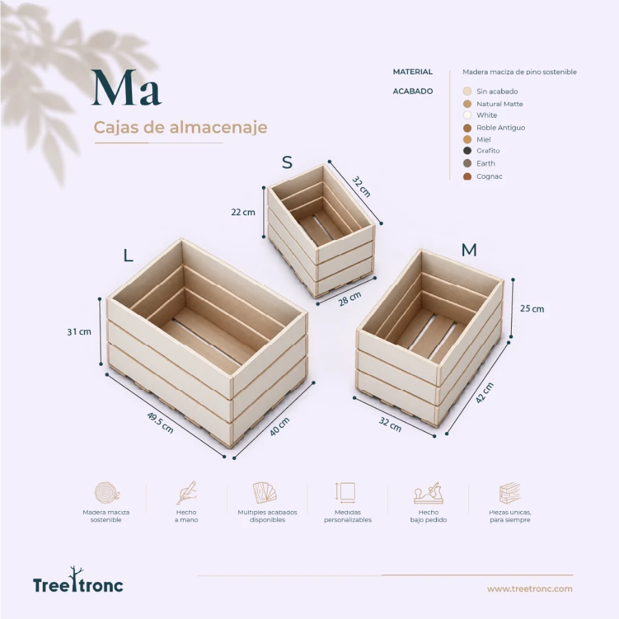 Ficha técnica de las cajas de almacenaje de madera artesanales Ma: medidas y acabados disponibles